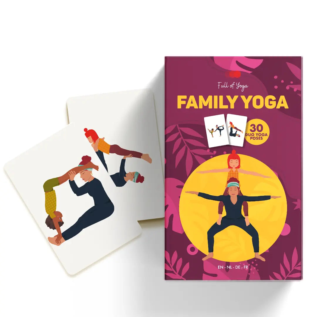 Bovenaanzicht van de doos familie yoga kaarten + 2 kaarten